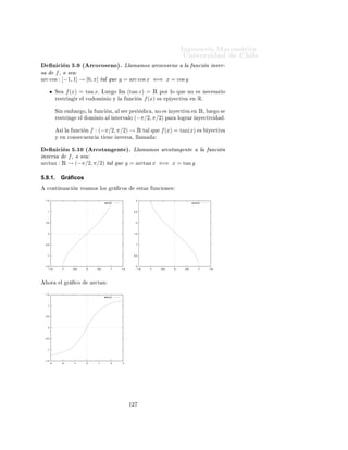Importante:      Î × Ø       Ö   ÙÐ ÖÑ ÒØ
                                                                                                                                        ØØÔ »»ÛÛÛº ÑºÙ
 Ð º
Ð» 
 Ð
ÙÐÓº
                                                       Ingeniería Matemática                                                                  Ò
ÓÒØÖ Ö × Ð ×         Ù   ×                  Ö
 
 Ó×
                                                       FACULTAD DE CIENCIAS
                                                                                                                                    Ý    ÔÖÓ Ð Ñ ×¸          Ñ ×             Ò ÓÖÑ 
                Ò
                                                                                                             ÁÒ Ò Ö ÅÖ
Ø Ñ
ÙØ Ð 
 Ö
                                                       FÍSICAS Y MATEMÁTICAS
                                                       UNIVERSIDAD DE CHILE                                         
           ×                            Ð       Ò Ñ 
             Ð 
ÙÖ×Óº
                                                       Introducción al Cálculo 08- 1                         ÍÒ Ú Ö×                                   Ð
                                                                                   SEMANA 7: TRIGONOMETRÍA
                                                                                                                                                                             Í×         ×Ø × ÒÓØ ×         Ð
                                                                                                                                                                             Ñ Ö            Ò Ô Ö       
ÓÒ¹
                                                                                                                                                                             ×ÙÐØ Ö               Ñ Ò Ö

5.9.        Funciones trigonométricas inversas                                                                                                                               Ñ × Ö Ô                Ð Ñ ¹
                                                                                                                                                                             Ø Ö       Ðº    À Þ    Ø Ñ¹

È Ö     ÕÙ       ÙÒ        ÙÒ
       Ò ÔÓ×           ÙÒ
        Ò ÒÚ Ö× ¸ ×Ø                           × Ö ÔÖ Ñ ÖÓ            Ý 
Ø Ú ¸                                             Ò        ØÙ×   ÔÖÓÔ     ×
                                                                                                                                                                              ÒÓØ 
 ÓÒ ×º
 ×      
 Ö¸     Ô Ý 
Ø Ú              ÒÝ 
Ø Ú              Ð    Ú Þº

 ÓÑÓ Ú Ö ÑÓ×                     
ÓÒØ ÒÙ 
             Ò¸ Ð ×     ÙÒ
 ÓÒ × ØÖ                 ÓÒÓÑ ØÖ 
 ×                 Ð × Ö Ô Ö       ¹
 
 ×     ÒÓ ×ÓÒ ÒÝ 
Ø Ú ×                         Ò    R¸    × Ñ ×¸            Ð × Ö      ×Ø ×         
ÓØ        × Ø ÑÔÓ
Ó ×ÓÒ
 Ô Ý 
Ø Ú ×¸ ÐÓ ÕÙ                ÒÓ×                     Ò 
Ð ÖÓ ÕÙ                ×Ø × ÙÒ
 ÓÒ × ØÖ                  ÓÒÓÑ ØÖ 
 ×
ÒÓ ×ÓÒ           Ý 
Ø Ú ×         Ò   Rº
     
ÓÒØ ÒÙ 
            Ò Ú ÑÓ×             Ö          Ò Ö Ø ÒØÓ             Ð       ÓÑ Ò Ó 
ÓÑÓ               Ð 
Ó ÓÑ Ò Ó
 ×Ø ×    ÙÒ
 ÓÒ × Ô Ö                    ×    ÐÓ Ö Ö            Ý 
Ø Ú                 Ý ÔÓ        Ö    Ò
ÓÒØÖ ÖÐ ×               ÙÒ
    Ò
ÒÚ Ö× º


            ÓÒ×           Ö ÑÓ×       f (x) = sen xº            ÄÙ        Ó ÁÑ         f (x) = [−1, 1] = Ê                 ÐÓ ÕÙ       ÒÓ×
            
       ÕÙ     f (x)      × ÙÒ         ÙÒ
       Ò ÒÓ         Ô Ý 
Ø Ú º



        Ê ×ØÖ Ò            ÑÓ×        Ð 
Ó ÓÑ Ò Ó                 Ó       f (x) = [−1, 1] Ý              
ÓÒ         ×ØÓ Ð        ÙÒ
    Ò
        f (x)         ×    Ô Ý 
Ø Ú º



            ÓÑÓ Ð           ÙÒ
       Ò ÒÓ         × ÒÝ 
Ø Ú              Ò    Ê          Ó ÕÙ          ØÓÑ          Ò Ò Ø × Ú 
 ×
        
            Ú ÐÓÖ       Ð × Ö   2π       Ô Ö        
 ¸ Ú ÑÓ×                  Ö ×ØÖ Ò Ù Ö          Ð    ÓÑ Ò Óº

            Ð    ÓÑ Ò Ó ÕÙ             ÙØ Ð Þ Ö ÑÓ× × Ö                       Ð ÒØ ÖÚ ÐÓ       [−π/2, +π/2]                        Ó ÕÙ
            Ò    ×Ø        ÒØ ÖÚ ÐÓ          f (x)     ØÓÑ       ×ÓÐÓ ÙÒ Ú ÐÓÖ Ô Ö                
    x Ý                   Ð Ñ ×ÑÓ
        Ø       ÑÔÓ Ñ ÒØ Ò ÑÓ× Ð                        Ô Ý 
Ø Ú                   
ÓÒ    Ð 
Ó ÓÑ Ò Ó Ö ×ØÖ Ò                      Ó    Ò¹
        Ø Ö ÓÖÑ ÒØ º
            ×    Ð        ÙÒ
     Ò   f : [−π/2, π/2] → [−1, 1]                              Ø Ð ÕÙ          f (x) = sen(x)               ×
            Ý 
Ø Ú          Ý    Ò 
ÓÒ× 
Ù Ò
                   ÔÓ×           ÒÚ Ö× ¸ Ð        
Ù Ð ÐÐ Ñ Ö ÑÓ×


       Ò 
 Ò º ´ Ö
Ó× ÒÓµº ÄÐ Ñ ÑÓ× Ö
Ó× ÒÓ Ð ÙÒ
 Ò ÒÚ Ö×
f¸ ×            
 Ö arcsin : [−1, 1] → [−π/2, π/2] Ø Ð ÕÙ y = arcsin x ⇐⇒ x =
sen y
        Ë        f (x) = cos xº              ÄÙ        Ó ÁÑ     f (x) = [−1, 1] = Ê                     Ý 
ÓÑÓ Ú ÑÓ×                ÒØ ¹
        Ö ÓÖÑ ÒØ ¸ ÑÙ ×ØÖ                      ÒÓ       Ô Ý 
Ø Ú               º
        Ë       Ù    Ò Ó        Ð Ô ×Ó             
ØÙ       Ó Ô Ö            × Ò¸ Ö ×ØÖ Ò             ÑÓ×        Ð 
Ó ÓÑ Ò Ó
            Ó       f (x) = [−1, 1]            Ý 
ÓÒ        ×ØÓ ÐÓ Ö ÑÓ× ÕÙ                    Ð       ÙÒ
       Ò   f (x)    ×         Ô ¹
        Ý 
Ø Ú º

            Ð       Ù Ð ÕÙ       × Ò¸ 
Ó×          ×   2π   Ô Ö           
    ÔÓÖ ÐÓ ÕÙ           ÒÓ ÔÓ×                 ÒÝ 
Ø Ú
            Ò   Rº              Ö Ò
              Ð ÒØ ÖÚ ÐÓ          ÒØ Ö ÓÖ¸           ×Ø    Ú × ×         Ö ×ØÖ Ò          Ð    ÓÑ ¹
        Ò Ó         Ð ÒØ ÖÚ ÐÓ        [0, +π] Ý           ÕÙ      ×       Ò    ×Ø       ÒØ ÖÚ ÐÓ         Ò    Ð 
Ù Ð       f (x) ØÓÑ
        ×ÓÐÓ ÙÒ             Ø ÖÑ Ò            Ó Ú ÐÓÖ Ô Ö             
            x   Ø Ò    Ò Ó        ×       ÒÝ 
Ø Ú           º

            × Ð           ÙÒ
    Ò    f : [0, π] → [−1, 1]                Ø Ð ÕÙ         f (x) = cos(x)               ×      Ý 
Ø Ú      Ý
            Ò 
ÓÒ× 
Ù Ò
                 Ø    Ò        ÒÚ Ö× ¸ ÐÐ Ñ




                                                                 ½¾
 