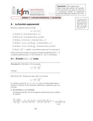 ÁÒ Ò Ö Å Ø Ñ Ø 
                                                                                    ÍÒ Ú Ö×                        Ð

                                       Ingeniería Matemática
                                       FACULTAD DE CIENCIAS
                                       FÍSICAS Y MATEMÁTICAS
                                       UNIVERSIDAD DE CHILE
                                       Introducción al Cálculo 08-1




                                       Ù         ÈÖÓ Ð Ñ ×

È½º   ´¿¼ Ñ Òºµ Ë
                             1
                        un = 2 (1 + (−1)n )º                  Ð
ÙÐ Ö   l´ u1 +···+un º
                                                                        ım     n

È¾º   ´¿¼ Ñ Òºµ         Ó   k ∈ Æ¸ ×ØÙ           Ð    
ÓÒÚ Ö          Ò
        Ð    ×Ù
 ×      Ò   (nk qn )¸
                                                                                                         n

       ÓÒ     (qn ) → q     
ÓÒ |q| < 1º

È¿º   ´¿¼ Ñ Òºµ Ë
                                              1
                        (hn ) 
ÓÒ hn > 0 Ý ( nhn ) → 0º                    ÑÙ ×ØÖ ÕÙ
                                                                                                    1
                                                                                              l´ (1+hn )n =
                                                                                               ım
      0º
È º   ´¿¼ Ñ Òºµ Ë
                                                   1
                        (vn ) 
ÓÒ vn ∈ (0, 1) Ý ( nvn ) → 0º                   ÑÙ ×ØÖ         ÕÙ     ım(1 −
                                                                                                    l´
      vn )n = 0º
È º   ´¿¼ Ñ Òºµ Ë      (un ) ÙÒ ×Ù
 × Ò 
Ö 
 ÒØ                   º ÈÖÓ       Ö ÕÙ       Ð    ×Ù
 ×   Ò        ¹
                         1
       Ò      ÔÓÖ   vn = n (u1 + · · · + un ) × 
Ö 
              ÒØ º

                                                                                    √
È º   ´¿¼ Ñ Òºµ È Ö         0 ≤ a ≤ b        ×       x1 = a¸ xn+1 =                     xn yn       y1 = b¸
      yn+1 = xn +yn º
                2              ÑÓ×ØÖ Ö ÕÙ             Ñ       × ×Ù
 × ÓÒ × ÔÓ×               Ò Ð Ñ Ø ¸ ÕÙ
      l´ xn = l´ yn Ý ÕÙ
       ım √     ım                     ×   ÐÐ Ñ ÑÓ×       l      ×Ø        ÐØ ÑÓ Ð Ñ Ø ¸ ×          
ÙÑÔÐ
      ÕÙ    ab ≤ l ≤ a+b º
                      2


È º   ´¿¼ Ñ Òºµ Ë       u1 = a     Ý   un+1 =
                                                      ab2 +u2
                                                        a+1
                                                            n
                                                              
ÓÒ          0 < a < bº        ÅÙ ×ØÖ       ÕÙ

      (un )   ×   
ÓØ       ¸ ÕÙ   × 
ÓÒÚ Ö          ÒØ   Ý 
 Ð
ÙÐ         ×Ù Ð Ñ Ø º




                                                 ½
 