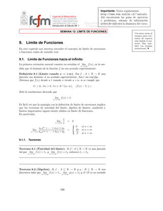 ÁÒ Ò Ö Å Ø Ñ Ø 
                                                                                                         ÍÒ Ú Ö×                     Ð

                                                    Ingeniería Matemática
                                                    FACULTAD DE CIENCIAS
                                                    FÍSICAS Y MATEMÁTICAS
                                                    UNIVERSIDAD DE CHILE
                                                    Introducción al Cálculo 08-1




                                                   Ù                  ÈÖÓ Ð Ñ ×

È½º        Ð
ÙÐ
                                                                        n
                                                                1                        1
                                                     l´
                                                      ım                        ln(1 +     ).
                                                                n                        k
                                                                    k=1

                                               n
È¾º        ÑÙ ×ØÖ          ÕÙ      xn =                 1
                                                        k   − ln(n)               yn = xn −          1
                                                                                                     n ×ÓÒ 
ÓÒÚ Ö        ÒØ × Ý
                                       k=1
      ÕÙ    Ø       Ò Ò       Ù Ð Ð Ñ Ø º
                                                √
È¿º   È Ö       x > 0¸        
 Ð
ÙÐ      l´ n( n x − 1)º
                                           ım

È º
                                                1
           Ð
ÙÐ      l´
                      ım(1 + an ) exp(2an )−1 ¸                     ÓÒ           (an )    × ÙÒ      ×Ù
 ×    Ò ÕÙ      
ÓÒÚ Ö
          
 ÖÓº

È º   Ä × Ø × ×                   ÒØ Ö ×       Ò ØÖ × Ò×Ø ØÙ
 ÓÒ × ×ÓÒ                              6%   ÒÙ Ð¸    0, 5 %   Ñ Ò¹
      ×Ù Ð Ý        100(e0,3α − 1) %                
            
 Ò
Ó                Ó×¸ Ö ×Ô 
Ø Ú Ñ ÒØ º ÇÖ              Ò   Ð ×
      Ò×Ø ØÙ
 ÓÒ ×                      
Ù Ö Ó              Ð    Ö ÒØ             Ð          Ó Ø Ò          Ò ÙÒ       Ô × ØÓ
      
 Ò
Ó          Ó×¸ Ô Ö           ÐÓ× ×   Ù        ÒØ × Ú ÐÓÖ ×                     α     ln(3)º Ê 
Ù Ö
                                                                                               ¼¸ ½ Ý                          ÕÙ
      ×    Ò ÙÒ Ô Ö Ó Ó                   Ø    ÑÔÓ Ð             Ø ×                       t % ÒØÓÒ
 ×¸ Ð 
                                                                                      ÒØ Ö ×    ×                          Ô Ø Ð
          ÙÑ ÒØ           Ò    ×       Ô Ö Ó Ó          Ò ÙÒ             
ØÓÖ     (1 + t/100)º
È º   È Ö       Ð     ÙÒ
          Ò   f (x) = ln(1 + ex )¸                            Ø ÖÑ Ò        ÓÑ Ò Ó¸ 
 ÖÓ×¸ 
Ö 
 ¹
      Ñ     ÒØÓ Ý ×           ÒÓ×º            Ñ ×¸              Ø ÖÑ Ò            Ô Ö     ÕÙ     Ú ÐÓÖ ×      y    Ð   
Ù 
     Ò
      f (x) = y        Ø      Ò    ×ÓÐÙ
       Òº Í×                ×Ø          Ò ÓÖÑ 
         Ò Ô Ö         Ò Ö Ð ÙÒ
         Ò
                                                                                                         1 x
      ÒÚ Ö× º Ê Ô Ø                    Ð ÔÖÓ Ð Ñ                Ô Ö         Ð     ÙÒ
     Ò    f (x) =   2 (e − e−x )º




                                                                    ½
 