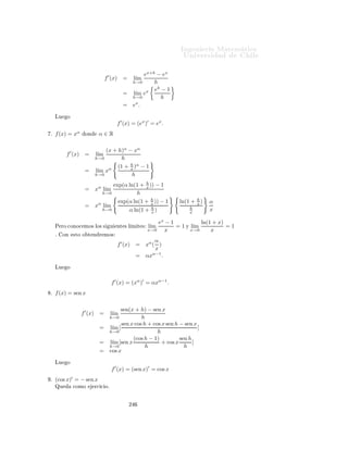 Ò 
ÙÝÓ     ÓÑ Ò Ó Ò
ÐÙÝ
     Ð 
ÓÒ ÙÒØÓ            [a, x0 ) ∪ (x0 , b]º ÑÙ ×ØÖ ÕÙ


                             l´ f (x) = ℓ ⇐⇒ l´ + f (x) = l´ − f (x) = ℓ.
                              ım              ım           ım
                            x→x0                      x→x0                  x→x0


¿º            Ò    ÐÓ× 
ÓÒ
 ÔØÓ× 
ÓÖÖ ×ÔÓÒ                 ÒØ ×      ÐÓ× × Ñ ÓÐÓ× ×      Ù   ÒØ ×º


          µ       l´ f (x) = +∞
                   ım                           
 µ l´ + f (x) = −∞
                                                     ım                            µ     l´
                                                                                          ım f (x) = ℓ
               x→0+                                  x→0                               x→+∞

          µ       l´ f (x) = +∞
                   ım                            µ    l´ f (x) = −∞
                                                       ım                          µ     l´
                                                                                          ım f (x) = ℓ
               x→0−                                  x→0−                              x→−∞


 º        Ð
ÙÐ Ö ÐÓ× ×           Ù   ÒØ × Ð Ñ Ø ×

                                                            √
                   x2 +5                                 x− x+2                                   √ax+b
          µ       l´
                   ım                            µ   l´
                                                      ım √                         µ     l´
                                                                                          ım
               x→2 x−3                               x→2   4x+1−3                      x→+∞        cx2 +d
                         √                                                                        1
                                                                                               xe x
          µ
                   (x−1) 2−x
                  l´
                   ım x2 −1
                                                 µ     ım a b
                                                      l´ [ x ] x                   µ   l´
                                                                                        ım    1
               x→1                                   x→+∞                              x→0−1 ex
                        √
                                                                                          q   √ √
                                                           x2                               x+ x+ x
         
 µ l´
              ım            x−b−a−b
                             x2 −a2
                                                 µ    l´
                                                       ım 2
                                                     x→+∞ x −1
                                                                                   µ  l´
                                                                                       ım
                                                                                     x→+∞
                                                                                             √
                                                                                               x+1
               x→a
                                                                           √
                                                                        2− x+3
                                                                                   ×    x>1
 º       ×ØÙ        Ö ×      Ü ×Ø    l´ f (x)¸
                                      ım            Ô Ö    f (x) =        x−1
                                                                        2x2 −3
                                     x→1
                                                                         x2 +3     ×    x<1

 º        Ð
ÙÐ Ö Ð ×          × ÒØÓØ × Ó Ð 
Ù × Ô Ö             Ð × ×   Ù   ÒØ × ÙÒ
 ÓÒ ×




                                                          ¾¾¼
 