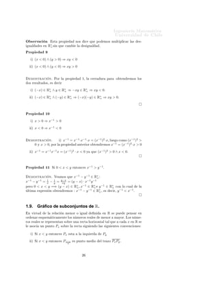 ÁÒ Ò Ö Å Ø Ñ Ø 
                                                                                                                          ÍÒ Ú Ö×                   Ð
Ç × ÖÚ 
 Ò                            ×Ø   ÔÖÓÔ                 ÒÓ×               
       ÕÙ        ÔÓ        ÑÓ× ÑÙÐØ ÔÐ 
 Ö Ð ×              ×¹
    Ù Ð              ×   Ò   R∗ × Ò
                              +            ÕÙ     
 Ñ               Ð             ×       Ù Ð        º

ÈÖÓÔ
         µ   (x < 0) ∧ (y > 0) ⇒ xy < 0
         µ   (x < 0) ∧ (y < 0) ⇒ xy > 0


      ÑÓ×ØÖ 
                    Òº    ÈÓÖ Ð      ÔÖÓÔ                       ½¸ Ð          
 ÖÖ          ÙÖ       Ô Ö     ·Ó     Ø Ò Ö ÑÓ× ÐÓ×
    Ó× Ö ×ÙÐØ            Ó×¸      ×        
 Ö

         µ   (−x) ∈ R∗ ∧ y ∈ R∗ ⇒ −xy ∈ R∗ ⇒ xy < 0º
                     +        +          +

         µ   (−x) ∈ R∗ ∧ (−y) ∈ R∗ ⇒ (−x)(−y) ∈ R∗ ⇒ xy > 0º
                     +           +               +




ÈÖÓÔ                     ½¼
         µ   x > 0 ⇒ x−1 > 0
         µ   x < 0 ⇒ x−1 < 0


      ÑÓ×ØÖ 
                    Òº         µ x−1 = x−1 ·x−1 ·x = (x−1 )2 ·x¸ ÐÙ Ó 
ÓÑÓ (x−1 )2 >
                                                                                −1
             0   Ý   x > 0¸ ÔÓÖ Ð            ÔÖÓÔ      ÒØ Ö ÓÖ Ó Ø Ò Ö ÑÓ× x       = (x−1 )2 ·x > 0
         µ   x−1 = x−1 x−1 x = (x−1 )2 · x < 0                                        Ý    ÕÙ       (x−1 )2 > 0 ∧ x < 0º



ÈÖÓÔ                     ½½       Ë        0<x<y               ÒØÓÒ
 ×                x−1 > y −1 º

                             −1
      ÑÓ×ØÖ 
    Î ÑÓ× ÕÙ x      − y −1 ∈ R∗
                                 Òº         +
                 1   y−x     1
x − y = − y = xy = (y − x) · x−1 y −1
    −1           −1
                             x
                             ∗    −1
Ô ÖÓ 0 < x < y =⇒ (y − x) ∈ R+ , x    ∈ R∗ y −1 ∈
                                          +                                                                        R∗
                                                                                                                    +     
ÓÒ ÐÓ 
Ù Ð          Ð
                              −1
 ÐØ Ñ   ÜÔÖ × Ò Ó Ø Ò Ö ÑÓ× x      − y −1 ∈ R∗ ¸ ×
                                             +                                                                        
 Ö¸
                                                                                                                            −1
                                                                                                                             y     −1
                                                                                                                                     <x   º




1.9.             Gráﬁco de subconjuntos de R.
    Ò Ú ÖØÙ                  Ð    Ö Ð 
          Ò Ñ ÒÓÖ Ó                   Ù Ð                Ò             Ò   R   ×   ÔÙ         Ô Ò× Ö    Ò
ÓÖ       Ò Ö ×ÕÙ Ñ Ø 
 Ñ ÒØ                           ÐÓ× Ò Ñ ÖÓ× Ö                        Ð ×           Ñ ÒÓÖ            Ñ ÝÓÖº ÄÓ× Ò Ñ ¹
ÖÓ× Ö        Ð ××        Ö ÔÖ × ÒØ Ò ×Ó Ö                      ÙÒ           Ö 
Ø           ÓÖ ÞÓÒØ Ð Ø Ð ÕÙ                      
    x   Ò   R×
Ð     ×Ó
            ÙÒ ÔÙÒØÓ          Px    ×Ó Ö         Ð    Ö 
Ø           ×       Ù    Ò Ó Ð × ×              Ù     ÒØ × 
ÓÒÚ Ò
 ÓÒ ×


         µ Ë     x<y             ÒØÓÒ
 ×         Px       ×Ø            Ð     ÞÕÙ          Ö              Py
         µ Ë     x<y             ÒØÓÒ
 ×         P x+y         × ÔÙÒØÓ Ñ                        Ó        Ð ØÖ ÞÓ      Px Py º
                                                      2




                                                                             ¾
 
