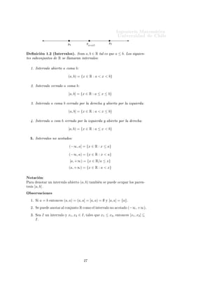 ÁÒ Ò Ö Å Ø Ñ Ø 
                                                                                 ÍÒ Ú Ö×                  Ð
                                   Px               P(x+y)/2             Py


        Ò 
 Ò ½º¾ ´ÁÒØ ÖÚ ÐÓ×µº Ë Ò a, b ∈ R Ø Ð × ÕÙ                          a ≤ bº ÄÓ× × Ù Ò¹
Ø × ×Ù 
ÓÒ ÙÒØÓ×          R × ÐÐ Ñ Ö Ò ÒØ ÖÚ ÐÓ×

   ½º ÁÒØ ÖÚ ÐÓ           ÖØÓ a 
ÓÑ b
                                   (a, b) = {x ∈ R : a < x < b}

   ¾º ÁÒØ ÖÚ ÐÓ 
 ÖÖ Ó a 
ÓÑ b
                                   [a, b] = {x ∈ R : a ≤ x ≤ b}

   ¿º ÁÒØ ÖÚ ÐÓ a 
ÓÑ b 
 ÖÖ Ó ÔÓÖ Ð                      Ö
     Ý            ÖØÓ ÔÓÖ Ð    ÞÕÙ Ö
                                   (a, b] = {x ∈ R : a < x ≤ b}

      º ÁÒØ ÖÚ ÐÓ a 
ÓÑ b 
 ÖÖ Ó ÔÓÖ Ð                ÞÕÙ Ö      Ý            ÖØÓ ÔÓÖ Ð      Ö
                                   [a, b) = {x ∈ R : a ≤ x < b}

      º ÁÒØ ÖÚ ÐÓ× ÒÓ 
ÓØ Ó×
                                   (−∞, a] = {x ∈ R : x ≤ a}

                                   (−∞, a) = {x ∈ R : x < a}
                                    [a, +∞) = {x ∈ R/a ≤ x}
                                   (a, +∞) = {x ∈ R : a < x}

ÆÓØ 
 Ò
È Ö          ÒÓØ Ö ÙÒ ÒØ ÖÚ ÐÓ          ÖØÓ   (a, b) Ø   Ñ     Ò ×   ÔÙ          Ó
ÙÔ Ö ÐÓ× Ô Ö Ò¹
Ø × ×   ]a, b[ .
Ç × ÖÚ 
 ÓÒ ×
   ½º Ë      a=b      ÒØÓÒ
 ×   (a, a) = (a, a] = [a, a) = ∅         Ý   [a, a] = {a}º
   ¾º Ë ÔÙ             ÒÓØ Ö    Ð 
ÓÒ ÙÒØÓ    R 
ÓÑÓ      Ð ÒØ ÖÚ ÐÓ ÒÓ         
ÓØ   Ó   (−∞, +∞).
   ¿º Ë        I   ÙÒ ÒØ ÖÚ ÐÓ Ý   x1 , x2 ∈ I ¸    Ø Ð × ÕÙ   x1 ≤ x2 ¸         ÒØÓÒ
 ×   [x1 , x2 ] ⊆
        Iº




                                                ¾
 
