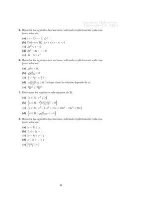 ÁÒ Ò Ö Å Ø Ñ Ø 
                                                                              ÍÒ Ú Ö×             Ð
º   Ê ×Ù ÐÚ      Ð ××         Ù   ÒØ × Ò 
Ù 
 ÓÒ ×¸ Ò         
 Ò Ó     ÜÔÐ 
 Ø Ñ ÒØ   
   
ÓÒ¹
    ÙÒØÓ ×ÓÐÙ
        Ò

    ´ µ   (x − 2)(x − 3) ≤ 0
    ´ µ       Ó   a ∈ Ê∗ ¸ (x + a)(x − a) < 0
                       +
    ´
µ   3x2 < x − 5
    ´ µ   2x2 + 3x + 1 < 0
    ´ µ   4x − 5 > x2
º   Ê ×Ù ÐÚ      Ð ××         Ù   ÒØ × Ò 
Ù 
 ÓÒ ×¸ Ò         
 Ò Ó     ÜÔÐ 
 Ø Ñ ÒØ   
   
ÓÒ¹
    ÙÒØÓ ×ÓÐÙ
        Ò

    ´ µ     2
          6x−5 < 0

    ´ µ     x+2
          2x2 −3x < 0

    ´
µ   4    x−1
          x + 5 < x
                      3
                                  +1
    ´ µ      (x−a)
          (x+1)(x−a) >            0   ´ÁÒ    ÕÙ    
 ÑÓ Ð   ×ÓÐÙ
   Ò   Ô Ò      aµ
    ´ µ   4x−3
           6x     ≤   8x−6
                       5x

º     Ø ÖÑ Ò      ÐÓ× ×           Ù   ÒØ × ×Ù 
ÓÒ ÙÒØÓ×         Ê

    ´ µ    x ∈ Ê | x3 ≥ x
    ´ µ    x∈Ê|           x8 +2x7 −8x6
                           x2 −4x+3           >0
    ´
µ    x ∈ Ê | x3 − 11x2 + 10x < 10x3 − 12x2 + 82x
    ´ µ    x∈Ê|               40
                          x2 +x−12          < −4

º   Ê ×Ù ÐÚ      Ð ××         Ù   ÒØ × Ò 
Ù 
 ÓÒ ×¸ Ò         
 Ò Ó     ÜÔÐ 
 Ø Ñ ÒØ   
   
ÓÒ¹
    ÙÒØÓ ×ÓÐÙ
        Ò

    ´ µ   |x − 3| ≤       1
                          2
    ´ µ   2|x| < |x − 1|
    ´
µ   |x − 8| < x − 2
    ´ µ   x − |x + 1| > 2
    ´ µ    5x+3
           x−1     ≥7
 