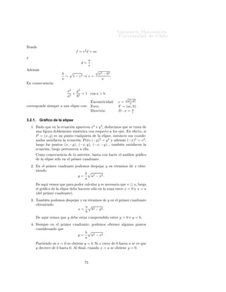 ÁÒ Ò Ö Å Ø Ñ Ø 
                                                                                                                           ÍÒ Ú Ö×                           Ð
    ÓÒ
                                                            f = e2 d = ae
Ý
                                                                                   a
                                                                         d=          .
                                                                                   e
      Ñ ×                                                                        √
                                           b                                      a2 − b 2
                                             =         1−               e2   ⇒e=           .
                                           a                                        a
    Ò 
ÓÒ× 
Ù Ò


                                                  x2  y2
                                                     + 2 =1                           
ÓÒ a      > b.
                                                  a2  b
                                                                                                                                      √
                                                                                                                                          2    2
                                                                                         Ü
 ÒØÖ 
                          e = a a−b

ÓÖÖ ×ÔÓÒ                ×    ÑÔÖ           ÙÒ         Ð Ô×              
ÓÒ             Ó
Ó                               F = (ae, 0)
                                                                                         Ö 
ØÖ Þ                           D:x= a  e


3.2.1.            Gráﬁco de la elipse
     ½º                Ó ÕÙ      Ò Ð        
Ù 
       Ò            Ô Ö 
 Ò           x2         y2¸           Ù
 ÑÓ× ÕÙ                  ×   ØÖ Ø
          ÙÒ             ÙÖ         Ó Ð Ñ ÒØ           × Ñ ØÖ 
                    
ÓÒ Ö ×Ô 
ØÓ                    ÐÓ×           ×º       Ò        
ØÓ¸ ×
          P = (x, y)                × ÙÒ ÔÙÒØÓ 
Ù ÐÕÙ                             Ö          Ð
                                                                                  Ð Ô× ¸ ÒØÓÒ
 × ×Ù× 
ÓÓÖ ¹
                                                                                2    2               2    2
          Ò            × × Ø ×          
 Ò Ð     
Ù 
              Òº È ÖÓ (−y) = y Ý      Ñ × (−x) = x ¸
          ÐÙ           Ó ÐÓ× ÔÙÒØÓ×             (x, −y), (−x, y), (−x, −y)                                 ¸ Ø Ñ                 Ò × Ø ×           
 Ò Ð
              
Ù 
        Ò¸ ÐÙ          Ó Ô ÖØ Ò 
 Ò                        ÐÐ º

                  ÓÑÓ 
ÓÒ× 
Ù Ò
                           ÐÓ           ÒØ Ö ÓÖ¸           ×Ø      
ÓÒ             
 Ö       Ð    Ò Ð × ×          Ö    
Ó
                   Ð     Ð Ô×       × ÐÓ    Ò     Ð ÔÖ Ñ Ö 
Ù                         Ö ÒØ º

     ¾º       Ò        Ð ÔÖ Ñ Ö 
Ù              Ö ÒØ        ÔÓ               ÑÓ×         ×Ô        Ö   y       Ò Ø ÖÑ ÒÓ×                      x    Ó Ø ¹
          Ò        Ò Ó
                                                                              b
                                                                    y=                a2 − x2 .
                                                                              a
                       ÕÙ Ú ÑÓ× ÕÙ               Ô Ö       ÔÓ               Ö 
 Ð
ÙÐ Ö       y     × Ò 
 × Ö Ó ÕÙ                  x ≤ a¸ ÐÙ Ó
              Ð    Ö     
Ó         Ð      Ð Ô×                             
 Ö×      × ÐÓ       Ò Ð    ÞÓÒ             ÒØÖ       x=0Ýx=a
          ´        Ð ÔÖ Ñ Ö 
Ù              Ö ÒØ µº

     ¿º Ì Ñ               Ò ÔÓ           ÑÓ×          ×Ô            Ö   x    Ò Ø ÖÑ ÒÓ×                    y       Ò    Ð ÔÖ Ñ Ö 
Ù                Ö ÒØ
          Ó Ø Ò           Ò Ó
                                                                              a
                                                                    x=                b2 − y 2 .
                                                                              b
                       ÕÙ Ú ÑÓ× ÕÙ                y                      ×Ø Ö 
ÓÑÔÖ Ò                   Ó      ÒØÖ         y=0                y = bº
      º Ë          ÑÔÖ          Ò       Ð ÔÖ Ñ Ö 
Ù                     Ö ÒØ ¸ ÔÓ                ÑÓ× Ó Ø Ò Ö                     Ð ÙÒÓ× ÔÙÒØÓ×
          
ÓÒ×            Ö Ò Ó ÕÙ
                                                                              b
                                                                    y=                a2 − x2 .
                                                                              a
          È ÖØ          Ò Ó         Ò   x=0× Ó              Ø           Ò    y = bº Ë x 
Ö 
                           0         ×Ø    a× Ú            ÕÙ
          y            
Ö 
             b ×Ø 0º                 Ð       Ò Ð¸ 
Ù Ò Ó    x=a                     ×       Ó Ø       Ò    y = 0º
 