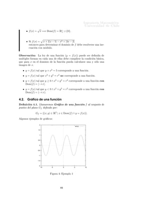 Importante:     Î × Ø       Ö   ÙÐ ÖÑ ÒØ
                                                                                                                                                   ØØÔ »»ÛÛÛº ÑºÙ
 Ð º
Ð» 
 Ð
ÙÐÓº
                                                                Ingeniería Matemática                                                                   Ò
ÓÒØÖ Ö × Ð ×         Ù   ×                  Ö
 
 Ó×
                                                                FACULTAD DE CIENCIAS
                                                                                                                                               Ý    ÔÖÓ Ð Ñ ×¸         Ñ ×             Ò ÓÖÑ 
                Ò
                                                                                                                           ÁÒ Ò Ö ÅÖ
Ø Ñ
ÙØ Ð
 Ö
                                                                FÍSICAS Y MATEMÁTICAS
                                                                UNIVERSIDAD DE CHILE                                              
          ×                         Ð       Ò Ñ 
             Ð 
ÙÖ×Óº
                                                                Introducción al Cálculo 08- 1                               ÍÒ Ú Ö×                              Ð
                                                          SEMANA 5: FUNCIONES DE VARIABLE REAL
                                                                                                                                                                                       Í×         ×Ø × ÒÓØ ×         Ð
                                                                                                                                                                                       Ñ Ö            Ò Ô Ö       
ÓÒ¹
                                                                                                                                                                                       ×ÙÐØ Ö               Ñ Ò Ö
                                                                                                                                                                                       Ñ × Ö Ô                Ð Ñ ¹
4.            Funciones                                                                                                                                                                Ø Ö       Ðº    À Þ    Ø Ñ¹
                                                                                                                                                                                             Ò        ØÙ×   ÔÖÓÔ     ×
Ë       Ò     A    ÝB         Ó× 
ÓÒ ÙÒØÓ× ÒÓ Ú 
 Ó×                                     Ò ØÙÖ Ð Þ                Ö       ØÖ Ö    º ÍÒ     ÙÒ
      Ò                                   ÒÓØ 
 ÓÒ ×º

        A     Ò    B ×        ÙÒ       
ÓÖÖ ×ÔÓÒ                 Ò
          ÒØÖ         ÐÓ×      Ð Ñ ÒØÓ×                 AÝ     ÐÓ×    Ð Ñ ÒØÓ×
        B              Ø Ð ÑÓ Ó ÕÙ                        
          x∈A         ×       Ð         
    
ÓÖÖ ×ÔÓÒ                Ö ÙÒ Ý × ÐÓ ÙÒ
    Ð Ñ ÒØÓ            y ∈ Bº
ÆÓØ 
 Ò
                                                              f :A       −→ B
                                                                 x       −→ y = f (x)

Ç × ÖÚ 
 Ò                              Ò        Ð 
 ×Ó          Ò ÕÙ          A ⊆ Ê¸              ×        
         ÕÙ    Ð     ÙÒ
     Ò    ×
Ú Ö           Ð    Ö     Ðº Ë               Ñ ×       B = Ê¸             ÒØÓÒ
 ×                  Ö ÑÓ× ÕÙ            Ð     ÙÒ
     Ò    × Ö   Ð
Ú Ö           Ð    Ö     Ðº
    ×         
 Ö¸ Ð × ÙÒ
 ÓÒ × Ö                         Ð ×          Ú Ö           Ð    Ö       Ð ×ÓÒ


                                                      f : A ⊆ Ê −→ Ê
                                                              x −→ y = f (x)



4.1.              Elementos básicos de una función
              A    ×    ÐÐ Ñ            ÓÑ Ò Ó                   Ð       ÙÒ
         Òº


              B = Ê¸          ×       ÐÐ Ñ        
Ó ÓÑ Ò Ó                      Ð           ÙÒ
       Òº


              y = f (x)           ×    ÐÐ Ñ               Ñ          Ò       x   ÔÓÖ          f   Ó Ú Ö           Ð         Ô Ò     ÒØ º


              x    ×    ÐÐ Ñ          ÚÖ              Ð          Ð       ÙÒ
     Ò Ó Ú Ö                Ð    Ò         Ô Ò        ÒØ º




Ç × ÖÚ 
 Ò                             Ò ÒÙ ×ØÖÓ 
 ×Ó ÙÒ                       ÙÒ
            Ò ÔÙ              ×Ô 
         
 Ö×        Ò Ó × ÐÓ
Ð       Ð Ý   y = f (x)           ÕÙ         Ô ÖÑ Ø             
 Ð
ÙÐ Ö Ð                Ñ         Ò        xº           Ù Ò Ó     ×ØÓ ×Ù
         ¸
    ÒØ Ò           Ö ÖÑÓ× ÕÙ                 Ð    ÓÑ Ò Ó                 Ð     ÙÒ
            Ò    ×    Ð Ñ ÝÓÖ ×Ù 
ÓÒ ÙÒØÓ                        Ê
    ÓÒ         Ð       Ð Ý    ×       ÔÐ 
        Ð       Ô Ö        
 Ð
ÙÐ Ö        f (x)¸        ×        
 Ö


                                            Dom(f ) = {x ∈ Ê | y = f (x) ∈ Ê}.


               ÑÔÐÓ×
                                        x
                   f (x) =            x2 −1      =⇒ Dom(f ) = Ê  {−1, 1}º
 