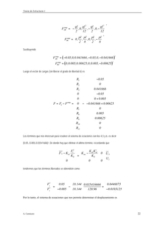 Teoría de Estructuras I
A. Carnicero 22
t2 2
emp
AB
t
emp
BC
ql ql ql ql
F ,0, , ,0,
2 12 2 12
pl pl pl pl
F 0, , ,0, ,
2 8 2 8
 
= − − − 
 
 
= − 
 
Sustituyendo
( )
( )
temp
AB
temp
BC
F 0.05,0,0.041666, 0.05,0, 0.041666
F 0,0.005,0.00625,0,0.005, 0.00625
= − − −
= −
Luego el vector de cargas (sin liberar el grado de libertad 6) es
1
2
3
emp
n
7
8
9
10
11
R 0.05
R 0
R 0.041666
0 0.05
0 0 0.005
F F F 0 0.041666 0.00625
R 0
R 0.005
R 0.00625
R 0
R 0
−   
   
   
   
   
−   
   +
      
= − = − − +   
   
   
   
   
   
   
   
     
Los términos que nos interesan para resolver el sistema de eciaciones son los 4,5 y 6. es decir
(0.05,-0.005,0.03541666)t. De donde hay que elininar el último término, recordando que
I t
I
l al al
a aal aa
ll ll
l
F K K
F K K 0 U
K K
U
0 0 0
   
 − −    =             
tendremos que los términos liberados se obtendrán como
4
5
l
l
F 0.05 18.144 0.04468750.035416666
F 0.005 18.144 0.0103125120.96
        
= − =       
− −        
Por lo tanto, el sistema de ecuaciones que nos permite determinar el desplazamiento es
 
