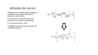 Métodos de calculo
Trabajando con el método riguroso, llegamos
a determinar que la figura de equilibrio
responde a una catenaria.
Si la relación f/a es pequeña el segundo
termino de la ecuación, es despreciable.
En el caso limite de f/a = 1/40
F= 1,0008 Fa lo que demuestra la valides del
método aproximado.
 