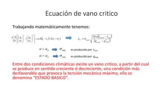 Ecuación de vano critico
Trabajando matemáticamente tenemos:
Entre dos condiciones climáticas existe un vano crítico, a partir del cual
se produce en sentido creciente ó decreciente, una condición más
desfavorable que provoca la tensión mecánica máxima, ella se
denomina “ESTADO BASICO”.
   2121
2
2
2
2
1
1
2
.
24
.























ttE
ggEa  
 2
minmax
minmax
max
2
2
.24
t
g
cr
gg
tt
a





 