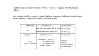 VANO Critico COMPARACION ESTADO BASICO
Real
Para todo vano menor que el critico
Para todo vano mayor que el critico
El de menor g/σ
El de mayor g/σ
Imaginario Para todos los vanos El de mayor g/σ
Infinito
(g1/p1  g2/p2) = 0
a× E × (t1t2) + (p1–p2) ‹ O
a × E × (t1t2) + (p1–p2) › O
a × E × (t1t2) + (p1–p2) = O
g1 = g2 , p1 = p2
El estado 1
El estado 2
Cualquiera de los dos
El de menor temp.
podemos realizar la determinación de flechas y tensiones luego de definido el Estado
Básico.
Esta tarea se simplifica cuando el proyectista tiene experiencia dado que elegirá el estado
básico adecuado y a lo sumo realizará un segundo intento.
 