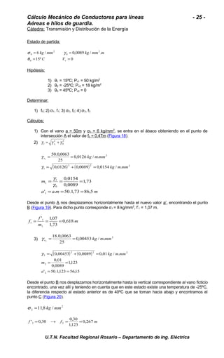 Cálculo Mecánico de Conductores para líneas - 25 - 
Aéreas e hilos de guardia. 
Cátedra: Transmisión y Distribución de la Energía 
Estado de partida: 
kg mm kg mm m 
s g 
= = 
6 / 0,0089 / . 
15º 0 
0 
2 
0 
2 
0 
= = 
v C V 
q 
Hipótesis: 
1) θ1 = 15ºC; Pv1 = 50 kg/m2 
2) θ2 = -25ºC; Pv2 = 18 kg/m2 
3) θ3 = 45ºC; Pv3 = 0 
Determinar: 
1) f0; 2) σ1, f1; 3) σ2, f2; 4) σ3, f3 
Cálculos: 
1) Con el vano a = 50m y σ0 = 6 kg/mm 2 , se entra en el ábaco obteniendo en el punto de 
intersección A el valor de f0 = 0,47m (Figura 18). 
2) 2 
0 
2 
1 1 g = g +g v 
0,0126 / . 
50.0,0063 
25 
( ) 2 ( ) 2 2 
g 
1 
2 
0,0126 0,0089 0,0154 / . 
1 
kg m mm 
= = 
kg mmm v 
= + = 
g 
0,0154 
g 
m 
= 1 
= = 
1,73 
1 
g 
0,0089 
' = . = 50.1,73 = 
86,5 
a a m m 
1 
0 
Desde el punto A nos desplazamos horizontalmente hasta el nuevo valor a’, encontrando el punto 
B (Figura 19). Para dicho punto corresponde σ1 = 8 kg/mm2, f’1 = 1,07 m. 
m 
f 
' 1,07 
f 0,618 
1 = = = 
m 
1,73 
1 
1 
18.0,0063 
3) 0,00453 / . 2 
2 kg m mm v g = = 
25 
( ) ( ) 
g = 0,00453 + 0,0089 = 
0,01 kg / m . 
mm 
1,123 
0,01 
= = 
0,0089 
2 
m 
' 50.1,123 56,15 
2 
2 2 2 
2 
= = 
a 
Desde el punto B nos desplazamos horizontalmente hasta la vertical correspondiente al vano ficticio 
encontrado, una vez allí y teniendo en cuenta que en este estado existe una temperatura de -25ºC, 
la diferencia respecto al estado anterior es de 40ºC que se toman hacia abajo y encontramos el 
punto C (Figura 20). 
2 
2 s =11,8 kg / mm 
' 0,30 0,30 2 2 = ® = = 
f f 0,267 m 
1,123 
U.T.N. Facultad Regional Rosario – Departamento de Ing. Eléctrica 
 