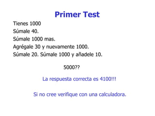 Súmale  40.  Tienes 1000 Agrégale 30 y nuevamente 1000.  Súmale 20. Súmale 1000 y a ña d e le 10.  5000??  Súmale 1000 mas.  La respuesta correcta es 4100!!!  Si no cree verifique con una calculadora.   Primer Test 