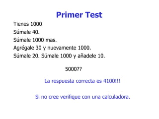 Súmale 40.
Tienes 1000
Agrégale 30 y nuevamente 1000.
Súmale 20. Súmale 1000 y añadele 10.
5000??
Súmale 1000 mas.
La respuesta correcta es 4100!!!
Si no cree verifique con una calculadora.
Primer Test
 