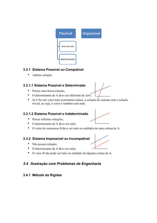 3.3.1 Sistema Possível ou Compatível 
• Admite solução. 
3.3.1.1 Sistema Possível e Determinado 
• Possui uma única solução; 
• O determinante de A deve ser diferente de zero; 
• Se b for um vetor nulo (constantes nulas), a solução do sistema será a solução 
trivial, ou seja, o vetor x também será nulo. 
3.3.1.2 Sistema Possível e Indeterminado 
• Possui infinitas soluções; 
• O determinante de A deve ser nulo; 
• O vetor de constantes B deve ser nulo ou múltiplo de uma coluna de A. 
3.3.2 Sistema Impossível ou Incompatível 
• Não possui solução; 
• O determinante de A deve ser nulo; 
• O vetor B não pode ser nulo ou múltiplo de alguma coluna de A. 
3.4 Ilustração com Problemas de Engenharia 
3.4.1 Método da Rigidez 
 