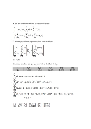 Com isso, obtém um sistema de equações lineares: 
Também podendo ser representado na forma matricial: 
Exemplo: 
Encontrar a melhor reta que ajusta os valores da tabela abaixo: 
x 0,00 0,25 0,5 0,75 1,00 
f(x) 1,0000 1,2840 1,6487 2,1170 2,7183 
 