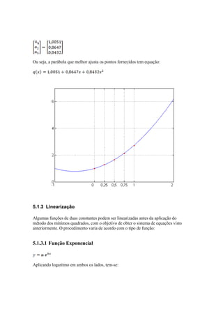 Ou seja, a parábola que melhor ajusta os pontos fornecidos tem equação: 
5.1.3 Linearização 
Algumas funções de duas constantes podem ser linearizadas antes da aplicação do 
método dos mínimos quadrados, com o objetivo de obter o sistema de equações visto 
anteriormente. O procedimento varia de acordo com o tipo de função: 
5.1.3.1 Função Exponencial 
Aplicando logaritmo em ambos os lados, tem-se: 
 