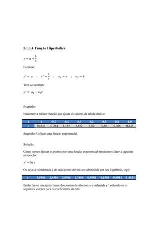 5.1.3.4 Função Hiperbólica 
Fazendo: 
Tem-se também: 
Exemplo: 
Encontrar a melhor função que ajusta os valores da tabela abaixo: 
x -1 -0,7 -0,4 -0,1 0,2 0,5 0,8 1,0 
y 36,547 17,264 8,155 3,852 1,82 0,86 0,406 0,246 
Sugestão: Utilizar uma função exponencial. 
Solução: 
Como vamos ajustar os pontos por uma função exponencial precisamos fazer a seguinte 
adaptação: 
Ou seja, a coordenada y de cada ponto deverá ser substituída por seu logaritmo, logo: 
y' 3,5986 2,8486 2,0986 1,3486 0,5988 -0,1508 -0,9014 -1,4024 
Então faz-se um ajuste linear dos pontos de abscissa x e ordenada y’, obtendo-se os 
seguintes valores para os coeficientes da reta: 
 