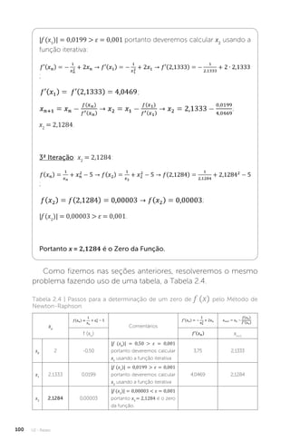 U2 - Raízes
100
|f (x1
)| = 0,0199  ε = 0,001 portanto deveremos calcular x2
usando a
função iterativa:
;
;
;
x2
= 2,1284.
3ª Iteração: x2
= 2,1284:
;
;
|f (x2
)| = 0,00003  ε = 0,001.
Portanto x = 2,1284 é o Zero da Função.
Como fizemos nas seções anteriores, resolveremos o mesmo
problema fazendo uso de uma tabela, a Tabela 2.4.
Tabela 2.4 | Passos para a determinação de um zero de f (x) pelo Método de
Newton-Raphson
xn
Comentários
f (xn
) xn+1
x0
2 -0,50
|f (x0
)| = 0,50  ε = 0,001
portanto deveremos calcular
x1
usando a função iterativa
3,75 2,1333
x1
2,1333 0,0199
|f (x1
)| = 0,0199  ε = 0,001
portanto deveremos calcular
x2
usando a função iterativa
4,0469 2,1284
x2
2,1284 0,00003
|f (x2
)| = 0,00003  ε = 0,001
portanto x3
= 2,1284 é o zero
da função.
 