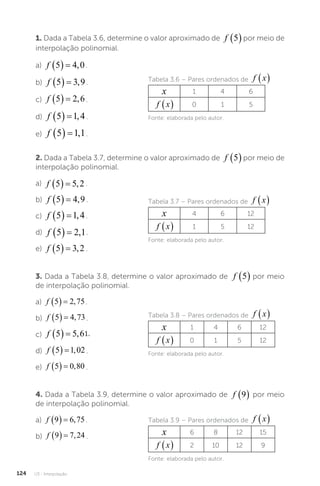 U3 - Interpolação
124
1. Dada a Tabela 3.6, determine o valor aproximado de f 5 4 0
   ,
por meio de
interpolação polinomial.
a) f 5 4 0
   , .
b) f 5 3 9
   , .
c) f 5 2 6
   , .
d) f 5 1 4
   , .
e) f 5 1 1
   , .
Tabela 3.6 – Pares ordenados de f x
 
x 1 4 6
f x
  0 1 5
Fonte: elaborada pelo autor.
2. Dada a Tabela 3.7, determine o valor aproximado de f 5 4 0
   ,
por meio de
interpolação polinomial.
a) f 5 5 2
   , .
b) f 5 4 9
   , .
c) f 5 1 4
   , .
d) f 5 2 1
   , .
e) f 5 3 2
   , .
Tabela 3.7 – Pares ordenados de f x
 
x 4 6 12
f x
  1 5 12
Fonte: elaborada pelo autor.
3. Dada a Tabela 3.8, determine o valor aproximado de f 5 4 0
   ,
por meio
de interpolação polinomial.
a) f 5 2 75
   , .
b) f 5 4 73
   , .
c) f 5 5 6
   , 1.
d) f 5 1 02
   , .
e) f 5 0 80
   , .
Tabela 3.8 – Pares ordenados de f x
 
x 1 4 6 12
f x
  0 1 5 12
Fonte: elaborada pelo autor.
4. Dada a Tabela 3.9, determine o valor aproximado de f 9
  por meio
de interpolação polinomial.
a) f 9 6 75
   , .
b) f 9 7 24
   , .
Tabela 3.9 – Pares ordenados de f x
 
x 6 8 12 15
f x
  2 10 12 9
Fonte: elaborada pelo autor.
 