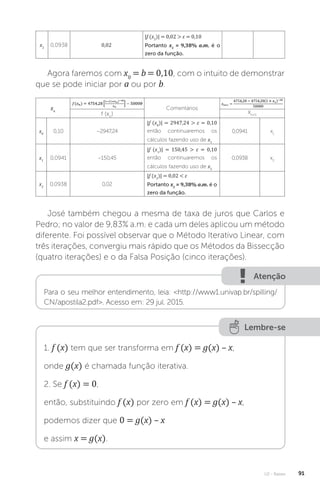 U2 - Raízes 91
x2
0,0938 0,02
|f (x2
)| = 0,02  ε = 0,10
Portanto x2
= 9,38% a.m. é o
zero da função.
Agora faremos com x0
= b = 0,10, com o intuito de demonstrar
que se pode iniciar por a ou por b.
xn
Comentários
f (xn
) xn+1
x0
0,10 –2947,24
|f (x0
)| = 2947,24  ε = 0,10
então continuaremos os
cálculos fazendo uso de x1
0,0941 x1
x1
0,0941 –150,45
|f (x1
)| = 150,45  ε = 0,10
então continuaremos os
cálculos fazendo uso de x2
0,0938 x2
x2
0,0938 0,02
|f (x2
)| = 0,02  ε
Portanto x2
= 9,38% a.m. é o
zero da função.
José também chegou a mesma de taxa de juros que Carlos e
Pedro; no valor de 9,83% a.m. e cada um deles aplicou um método
diferente. Foi possível observar que o Método Iterativo Linear, com
três iterações, convergiu mais rápido que os Métodos da Bissecção
(quatro iterações) e o da Falsa Posição (cinco iterações).
Atenção
Para o seu melhor entendimento, leia: http://www1.univap.br/spilling/
CN/apostila2.pdf. Acesso em: 29 jul. 2015.
Lembre-se
1. f (x) tem que ser transforma em f (x) = g(x) – x,
onde g(x) é chamada função iterativa.
2. Se f (x) = 0,
então, substituindo f (x) por zero em f (x) = g(x) – x,
podemos dizer que 0 = g(x) – x
e assim x = g(x).
 