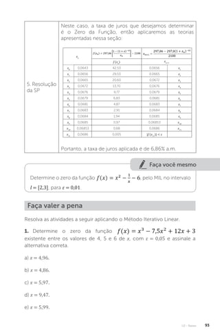 U2 - Raízes 93
5. Resolução
da SP
Neste caso, a taxa de juros que desejamos determinar
é o Zero da Função, então aplicaremos as teorias
apresentadas nessa seção:
xn
f (xn
) xn+1
x0
0,0643 42,53 0,0656 x1
x1
0,0656 29,53 0,0665 x2
x2
0,0665 20,60 0,0672 x3
x3
0,0672 13,70 0,0676 x4
x4
0,0676 9,77 0,0679 x5
x5
0,0679 6,83 0,0681 x6
x6
0,0681 4,87 0,0683 x7
x7
0,0683 2,91 0,0684 x8
x8
0,0684 1,94 0,0685 x9
x9
0,0685 0,97 0,06853 x10
x10
0,06853 0,68 0,0686 x11
x11
0,0686 0,005 |f (x11
)|  ε
Portanto, a taxa de juros aplicada é de 6,86% a.m.
Faça você mesmo
Determine o zero da função , pelo MIL no intervalo
I = [2,3], para ε = 0,01.
Resolva as atividades a seguir aplicando o Método Iterativo Linear.
1. Determine o zero da função
existente entre os valores de 4, 5 e 6 de x, com ε = 0,05 e assinale a
alternativa correta.
a) x = 4,96.
b) x = 4,86.
c) x = 5,97.
d) x = 9,47.
e) x = 5,99.
Faça valer a pena
 