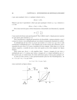 26 CAP´ITULO 2. ENTENDENDO OS SISTEMAS LINEARES
e que, para qualquer vetor u e qualquer n´umero real α,
A(αu) = αAu .
Observe que isso ´e equivalente a dizer que para quaisquer vetores u1 e u2 e n´umeros α
e β vale
A(αu1 + βu2) = αAu1 + βAu2 .
Fica como exerc´ıcio para o leitor demonstrar a linearidade (em dimens˜ao 2), supondo
que
A =
a b
c d
´e uma matriz da forma mais geral poss´ıvel! N˜ao ´e dif´ıcil, tente!, e depois procure mostrar
no caso geral, para matrizes n × n.
Para entendermos o signiﬁcado geom´etrico da linearidade, vejamos primeiro o que ´e
a soma de vetores e sua multiplica¸c˜ao por um n´umero (comumente chamado de escalar).
A multiplica¸c˜ao de um vetor (x, y) por um escalar α ´e o vetor (αx, αy), isto ´e, cada
coordenada ´e multiplicada por α. Isto signiﬁca que os dois vetores s˜ao colineares, mas o
tamanho do novo vetor ´e |α| vezes o tamanho do vetor original. Al´em disso, se α for um
n´umero negativo, o sentido do novo vetor ser´a oposto ao do vetor original (ver ﬁgura
abaixo).
Dizer ent˜ao que A(αu) = αAu signiﬁca dizer: “tomar a imagem de um vetor u
multiplicado por α ´e o mesmo que tomar a imagem de u e depois multiplicar por α”.
Isto mostra que, se conhecermos Au ent˜ao saberemos quem ´e A(αu) para qualquer α!!
A soma de dois vetores ´e vista geometricamente pela Lei dos Paralelogramos. Se
u1 = (x1, y1) e u2 = (x2, y2) ent˜ao
u1 + u2 = (x1 + x2, y1 + y2) ,
como mostrado na ﬁgura abaixo.
u αu
α 1)
u
αu
(α 0)
x1 x2
y1
y2
u2+
(
u1
 