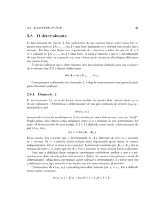 2.8. O DETERMINANTE 31
2.8 O determinante
O determinante da matriz A dos coeﬁcientes de um sistema linear serve como instru-
mento para saber se {Ae1, . . . , Aen} ´e uma base, indicando se o sistema tem ou n˜ao ´unica
solu¸c˜ao. De fato, esta Se¸c˜ao tem a pretens˜ao de convencer o leitor de que det A = 0
se e somente se {Ae1, . . . , Aen} ´e uma base. A id´eia ´e explicar o que ´e o determinante
de uma forma intuitiva e geom´etrica, mas o leitor pode encontrar abordagens diferentes
em outros livros.
´E preciso salientar que o determinante ser´a inicialmente deﬁnido para um conjunto
de n vetores (em Rn) e depois deﬁniremos
det A = det(Ae1, . . . , Aen) .
Come¸caremos a discuss˜ao em dimens˜ao 2, e depois comentaremos sua generaliza¸c˜ao
para dimens˜ao qualquer.
2.8.1 Dimens˜ao 2
O determinante d´a, de certa forma, uma medida do quanto dois vetores est˜ao perto
de ser colineares. Deﬁniremos o determinante de um par ordenado de vetores (u1, u2),
denotando-o por
det(u1, u2) ,
como sendo a ´area do paralelogramo determinado por esses dois vetores, com um “sinal”.
Sendo assim, dois vetores ser˜ao colineares entre si se e somente se seu determinante for
nulo. O determinante de uma matriz A 2 × 2 ´e deﬁnido como sendo o determinante do
par (Ae1, Ae2):
det A ≡ det(Ae1, Ae2) .
Desse modo, ﬁca evidente que o determinante de A ´e diferente de zero se e somente
se o sistema Au = b admitir ´unica solu¸c˜ao (n˜ao importando quais sejam os termos
independentes, isto ´e, o vetor b da equa¸c˜ao). Lembrando tamb´em que Ae1 e Ae2 s˜ao as
colunas da matriz A, segue que det A = 0 se e somente se suas colunas forem colineares.
Para que a deﬁni¸c˜ao ﬁque completa, precisamos estabelecer melhor o que ´e o pa-
ralelogramo determinado pelos dois vetores e deﬁnir de maneira inequ´ıvoca o sinal do
determinante. Al´em disso, precisamos saber calcular o determinante, e o leitor ver´a que
a deﬁni¸c˜ao dada aqui coincide com aquela que ele provavelmente j´a conhece.
Chamaremos de P(u1, u2) o paralelogramo determinado por u1 e u2. Ele ´e deﬁnido
como sendo o conjunto
P(u1, u2) = {su1 + tu2; 0 ≤ s ≤ 1 , 0 ≤ t ≤ 1} .
 