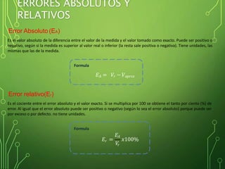 ERRORES ABSOLUTOS Y
RELATIVOS
Error Absoluto (EA)
Es el valor absoluto de la diferencia entre el valor de la medida y el valor tomado como exacto. Puede ser positivo o
negativo, según si la medida es superior al valor real o inferior (la resta sale positiva o negativa). Tiene unidades, las
mismas que las de la medida.
Formula
𝐸 𝐴 = 𝑉𝑟 − 𝑉 𝑎𝑝𝑟𝑜𝑥
Error relativo(Er)
Es el cociente entre el error absoluto y el valor exacto. Si se multiplica por 100 se obtiene el tanto por ciento (%) de
error. Al igual que el error absoluto puede ser positivo o negativo (según lo sea el error absoluto) porque puede ser
por exceso o por defecto. no tiene unidades.
Formula
𝑟𝐸 =
𝐸𝐴
𝑉𝑟
𝑥100%
 