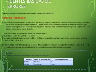 FUENTES BÁSICAS DE
ERRORES
Existen dos causas principales de errores en los cálculos numéricos
Error de Redondeo:
El error de redondeo se debe a la naturaleza discreta del sistema numérico de máquina de punto flotante, el cual a su
vez se debe a su longitud de palabra finita. Cada número (real) se reemplaza por el número de máquina más
cercano. Esto significa que todos los números en un intervalo local están representados por un solo número en el
sistema numérico de punto flotante.
"Cualquier número real positivo y puede ser normalizado a:
y= 0,d1 d2 d3 ..., dk, dk+1, dk+2, . . . x 10 n.
El procedimiento se basa en agregar 5 x 10 n - (k+1) a yy después truncar para que resulte un número de la forma
fl = 0,d1 d2 d3 ..., dk, x 10 n.
En este método, si dk+1 ³ 5, se agrega uno (1) a d k para obtener a fl ; esto es, redondeamos hacia arriba. Si dk+1 < 5,
simplemente truncamos después de los primeros k dígitos; se redondea así hacia abajo
Ejemplo
Encontrar el error de redondeo de los siguientes números
Número Orden de aproximación Error de Redondeo
0.9876 Décimas 1
76.5432 Centésimas 76.54
 