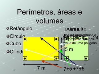 Perímetros, áreas e volumes Retângulo =7 ●5 =35m 2 Produto entre a base e a altura Circulo Cubo Cilindro 7 m 5 m 7 +5 +7 P= +5 =24 perímetro P=24 Soma dos comprimentos dos lados de uma polígono. área b ●h 