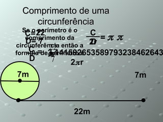 Comprimento de uma circunferência ___ __ 22m 7m 7m C 3,1415926535897932384626433832795 π 22 D C= D= 7 = C D =  π 2r =  π Se o perímetro é o comprimento da circunferência então a formula de perímetro é 2 π r 