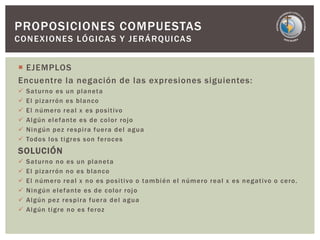  EJEMPLOS
Encuentre la negación de las expresiones siguientes:
 Saturno es un planeta
 El pizarrón es blanco
 El número real x es positivo
 Algún elefante es de color rojo
 Ningún pez respira fuera del agua
 Todos los tigres son feroces
SOLUCIÓN
 Saturno no es un planeta
 El pizarrón no es blanco
 El número real x no es positivo o también el número real x es negativo o cero.
 Ningún elefante es de color rojo
 Algún pez respira fuera del agua
 Algún tigre no es feroz
PROPOSICIONES COMPUESTAS
CONEXIONES LÓGICAS Y JERÁRQUICAS
 