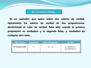 EL CONDICIONAL

 Es un operador que opera sobre dos valores de verdad,
típicamente   los   valores   de   verdad   de   dos   proposiciones,
devolviendo el valor de verdad falso sólo cuando la primera
proposición es verdadera y la segunda falsa, y verdadero en
cualquier otro caso.
 