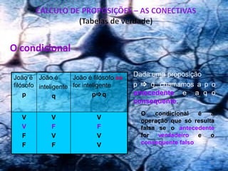 O condicional João é filósofo p João é  inteligente q João é filósofo  se   for inteligente p  q V V F F V F V F V F V V Dada uma proposição  p     q, chamamos a p o  antecedente   e  a q o  consequente . O condicional é a operação que só resulta falsa se o  antecedente  for  verdadeiro  e o  consequente falso   