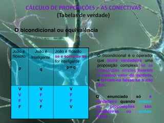 João é filósofo p João é inteligente q João é filósofo  se e somente se  for inteligente  p  q V V F F V F V F V F F V O bicondicional ou equivalência O bicondicional é o operador que  torna verdadeira  uma proposição complexa  se as proposições simples   tiverem o mesmo valor de verdade , e  tornam-na falsas se o não têm . O enunciado só  é verdadeiro  quando  ambas  as proposições são verdadeiras ou  ambas  falsas 