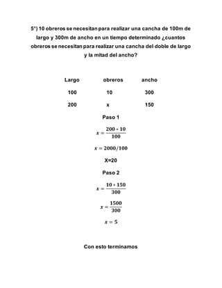 5°) 10 obreros se necesitan para realizar una cancha de 100m de
largo y 300m de ancho en un tiempo determinado ¿cuantos
obreros se necesitan para realizar una cancha del doble de largo
y la mitad del ancho?
Largo obreros ancho
100 10 300
200 x 150
Paso 1
𝒙 =
𝟐𝟎𝟎 ∗ 𝟏𝟎
𝟏𝟎𝟎
𝒙 = 𝟐𝟎𝟎𝟎/𝟏𝟎𝟎
X=20
Paso 2
𝒙 =
𝟏𝟎 ∗ 𝟏𝟓𝟎
𝟑𝟎𝟎
𝒙 =
𝟏𝟓𝟎𝟎
𝟑𝟎𝟎
𝒙 = 𝟓
Con esto terminamos
 