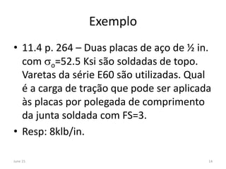 Exemplo
• 11.4 p. 264 – Duas placas de aço de ½ in.
com so=52.5 Ksi são soldadas de topo.
Varetas da série E60 são utilizadas. Qual
é a carga de tração que pode ser aplicada
às placas por polegada de comprimento
da junta soldada com FS=3.
• Resp: 8klb/in.
June 15 14
 