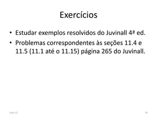 Exercícios
• Estudar exemplos resolvidos do Juvinall 4ª ed.
• Problemas correspondentes às seções 11.4 e
11.5 (11.1 até o 11.15) página 265 do Juvinall.
June 15 30
 