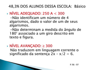 O que a escola pode focar no dia do SARESP28,5 pontos2 anos(300 – 200) : 7  14 pontos / ano67 pontos3,5 anos(350 – 225) : 7  18 pontos / ano93 pontos4,5 anos (350 – 250) : 5  20 pontos / anoComparar também com os níveis esperados para cada ano / série