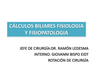 CÁLCULOS BILIARES FISIOLOGIA
Y FISIOPATOLOGIA
JEFE DE CIRURGÍA:DR. RAMÓN LEDESMA
INTERNO: GIOVANNI BISPO EIDT
ROTACIÓN DE ...