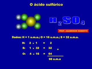 O ácido sulfúrico
Dados: H = 1 u.m.a.; O = 16 u.m.a.; S = 32 u.m.a.
H: 2 x 1 = 2
S: 1 x 32 = 32
O: 4 x 16 = 64
+
98 u.m.a
H
OH
O
O
O
S
PROF. AGAMENON ROBERTO
 