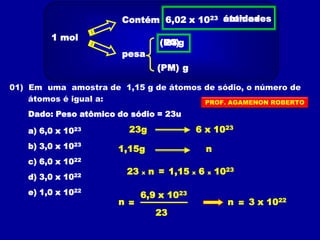 1 mol
Contém 6,02 x 1023
pesa
(PA)
(PM) g
g
01) Em uma amostra de 1,15 g de átomos de sódio, o número de
átomos é igual a:
Dado: Peso atômico do sódio = 23u
a) 6,0 x 1023
b) 3,0 x 1023
c) 6,0 x 1022
d) 3,0 x 1022
e) 1,0 x 1022
23
entidadesátomos
6 x 102323g
1,15g n
23 x n = 1,15 x 6 x 1023
n = 3 x 1022
23
n =
6,9 x 1023
PROF. AGAMENON ROBERTO
 