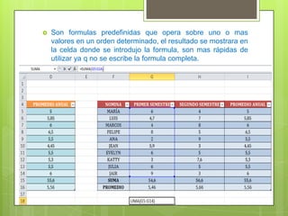 
Son formulas predefinidas que opera sobre uno o mas
valores en un orden determinado, el resultado se mostrara en
la celda donde se introdujo la formula, son mas rápidas de
utilizar ya q no se escribe la formula completa.