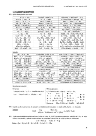 TEMA 3. CÁLCULOS ESTEQUIOMÉTRICOS IES Blas Cabrera. FyQ 1 Bach. Curso 2012-2013
4
CÁLCULOS ESTEQUIOMÉTRICOS
A18 Ajustar las siguientes reacciones:
N2 + H2  NH3 Cl2 + NaBr  NaCl + Br2 HNO3 + Ag  AgNO3 + NO + H2 O
HCl + Zn  ZnCl2 + H2 Fe + O2  FeO SO2 + H2O + HNO3  H2SO4 + NO
Fe2O3 + C  Fe + CO2 FeO + O2  Fe2O3 HNO3 + C  NO + CO2 + H2O
NH3 + O2  NO + H2O K + H2O  KOH + H2 Cl2 + Na2SO3 + H2O  Na2SO4 + HCl
NH4NO3  N2 + H2 + O2 NH3 + O2  NO + H2O Pb(NO3)2 + KI  PbI2 + KNO3
HCl + O2  Cl2 + H2O HCl + Ca(OH)2  CaCl2 + H2O FeS2 + O2  SO2 + Fe2O3
Cl2 + H2S  HCl + S CH4 + O2  CO2 + H2O FeCl3 + SnCl2  FeCl2 + SnCl4
Cl2 + Fe  FeCl3 Zn + HCl  ZnCl2 + H2O Cl2 + H2O  HCl + HClO
H2 + Cl2  HCl Ca + O2  CaO CaCO3 + HCl  CaCl2 + CO2 + H2O
Fe2O3 + CO  Fe + CO2 H2 + O2  H2O Cu + HNO3  Cu(NO3)2 + NO2 + H2O
C4H10 + O2  CO2 + H2O C3H8 + 5 O2  3 CO2 + 4 H2O Al(OH)3 + HCl  AlCl3 + H2O
C2H4 + O2  CO2 + H2O C2H6 + O2  CO2 + H2O Na2CO3 + HCl  NaCl + CO2 + H2O
HBr + KOH  KBr + H2O Na + 1/2 O2  Na2O Ca(NO3)2 + Na2SO4  CaSO4 + NaNO3
KClO3  KCl + O2 FeS + C  CS2 + Fe Pb + PbO2 + H2SO4  PbSO4 + H2O
4 Fe + 3 O2  2 Fe2O3 Na + HCl  NaCl + H2 MnO2 + NaOH + O2  Na2MnO4 + H2O
NaOH + HCl  NaCl + H2O Fe2O3 + C  CO + Fe H2SO4 + 2 Na OH  Na2SO4 + 2 H2O
Solución
1 N2 + 3 H2  2 NH3 1 Cl2 + 2 NaBr  2 NaCl + 1 Br2 4 HNO3 + 3 Ag  3 AgNO3 + 1 NO + 2 H2 O
2 HCl + 1 Zn  1 ZnCl2 + 1 H2 2 Fe + O2  2 FeO 3 SO2 + 2 H2O + 2 HNO3  3 H2SO4 + 2 NO
2 Fe2O3 + 3 C  4 Fe + 3 CO2 4 FeO + O2  2 Fe2O3 4 HNO3 + 3 C  4 NO + 3 CO2 + 2 H2O
4 NH3 + 5 O2  4 NO + 6 H2O 2 K + 2 H2O  2 KOH + H2 1 Cl2 + 1 Na2SO3 + 1 H2O  1 Na2SO4 + 2 HCl
4 NH3 + 5 O2  4 NO + 6 H2O 2 NH4NO3  2 N2 + 4 H2 + 3 O2 1 Pb(NO3)2 + 2 KI  1 PbI2 + 2 KNO3
4 HCl + 1 O2  2 Cl2 + 2 H2O 2 HCl + 1 Ca(OH)2  1 CaCl2 + 2 H2O 4 FeS2 + 11 O2  8 SO2 + 2 Fe2O3
1 Cl2 + 1 H2S  2 HCl + 1 S 1 CH4 + 2 O2  1 CO2 + 1 H2O 2 FeCl3 + 1 SnCl2  2 FeCl2 + 1 SnCl4
3 Cl2 + 2 Fe  2 FeCl3 1 Zn + 2 HCl  ZnCl2 + 2 H2O 1 Cl2 + 1 H2O  1 HCl + 1 HClO
1 H2 + 1 Cl2  2 HCl 2 Ca + O2  2 CaO 1 CaCO3 + 2 HCl  1 CaCl2 + 1 CO2 + 1 H2O
1 Fe2O3 + 3 CO  2 Fe + 3 CO2 2 H2 + 1 O2  2 H2O 1 Cu + 4 HNO3  1 Cu(NO3)2 + 2 NO2 + 2 H2O
1 C3H8 + 5 O2  3 CO2 + 4 H2O 1 C4H10 + 13/2 O2  4 CO2 + 5 H2O 1 Al(OH)3 + 3 HCl  1 AlCl3 + 3 H2O
1 C2H4 + 3 O2  2 CO2 + 2 H2O 1 C2H6 + 7/2 O2  2 CO2 + 3 H2O 1 Na2CO3 + 2 HCl  2 NaCl + 1 CO2 + 1 H2O
1 HBr + 1 KOH  1 KBr + 1 H2O 1 Na + 1/2 O2  1 Na2O 1 Ca(NO3)2 + 1 Na2SO4  1 CaSO4 + 2 NaNO3
2 KClO3  2 KCl + 3 O2 2 FeS + 1 C  1 CS2 + 2 Fe 1 Pb + 1 PbO2 + 2 H2SO4  2 PbSO4 + 2 H2O
4 Fe + 3 O2  2 Fe2O3 2 Na + 2 HCl  2 NaCl + 1 H2 2 MnO2 + 4 NaOH + 1 O2  2 Na2MnO4 + 2 H2O
2 Fe2O3 + 1 C  3 CO + 4 Fe 1 NaOH + 1 HCl  1 NaCl + 1 H2O 1 H2SO4 + 2 Na OH  1 Na2SO4 + 2 H2O
Ejemplos de resolución:
Por tanteo:
1 MnO2 + 2 NaOH + 1/2 O2  1 Na2MnO4 + 1 H2O
1 Pb + 1 PbO2 + 2 H2SO4  2 PbSO4 + 2 H2O
Método algebraico:
A Cu + B HNO3  C Cu(NO3)2 + D NO + E H2O
3/4E
1/2D
3/2B
1CA



























ED63B
D2CB
2EB
ED6C3BO
D2CBN
2EBH
CACu
Finalmente: 2 Cu + 5 HNO3  2 Cu(NO3)2 + 1 NO + 2 H2O
A19 Explicita las diversas maneras de calcular la cantidad de sustancia, ya sea en estado sólido, líquido, o en disolución.
Solución
(L)V(mol/L)c
T(K))KmolL(atm0,082
V(L)P(atm)
(g/mol)M
(g)m
(mol)n diss1-1-



A20 ¿Qué masa de tetraoxidosulfato de cobre (sulfato de cobre (II), CuSO4) podemos obtener por la acción de 2,95 g de ácido
sulfúrico concentrado y caliente sobre un exceso de cobre metal? La reacción del cobre con el ácido sulfúrico es:
Cu (s) + H2SO4 (l)  CuSO4 (s) + H2 (g)
Datos: A (Cu) = 63,5 u; A (S) = 32,0 u; A (O) = 16,0 u; A (H) = 1,0 u.
 