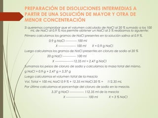 PREPARACIÓN DE DISOLUCIONES INTERMEDIAS A
PARTIR DE UNA SOLUCIÓN DE MAYOR Y OTRA DE
MENOR CONCENTRACIÓN
Si queremos comprobar que el volumen calculado de NaCl al 20 % sumado a los 100
mL de NaCl al 0,9 % nos permite obtener un NaCl al 3 % realizamos lo siguiente:
Primero calculamos los gramos de NaCl presentes en la solución salina al 0,9 %.
0,9 g NaCl ----------- 100 ml
X ----------------- 100 ml X = 0,9 g NaCl
Luego calculamos los gramos de NaCl presentes en cloruro de sodio al 20 %
20 g NaCl ------------- 100 ml
X ------------------12,35 ml = 2,47 g NaCl
Sumamos los pesos de cloruro de sodio y calculamos la masa total del mismo.
g NaCl = 0,9 g + 2,47 g = 3,37 g
Luego calculamos el volumen total de la mezcla
Vol. Total = 100 mL NaCl 0,9 % + 12.35 ml NaCl 20 % = 112,35 mL
Por último calculamos el porcentaje del cloruro de sodio en la mezcla.
3,37 g NaCl -------------- 112,35 ml de la mezcla
X --------------------- 100 ml X = 3 % NaCl
 
