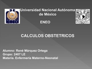 Universidad Nacional Autónoma
de México
Alumno: René Márquez Ortega
Grupo: 2407 LE
Materia. Enfermería Materno-Neonatal
ENEO
CALCULOS OBSTETRICOS
 