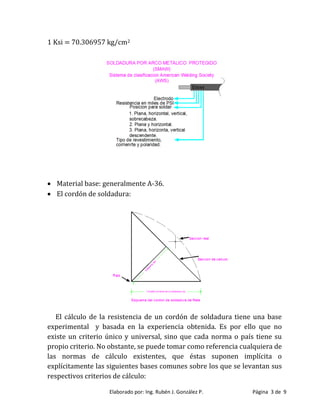 Elaborado por: Ing. Rubén J. González P. Página 3 de 9
1 Ksi = 70.306957 kg/cm2
 Material base: generalmente A-36.
 El cordón de soldadura:
El cálculo de la resistencia de un cordón de soldadura tiene una base
experimental y basada en la experiencia obtenida. Es por ello que no
existe un criterio único y universal, sino que cada norma o país tiene su
propio criterio. No obstante, se puede tomar como referencia cualquiera de
las normas de cálculo existentes, que éstas suponen implícita o
explícitamente las siguientes bases comunes sobre los que se levantan sus
respectivos criterios de cálculo:
 