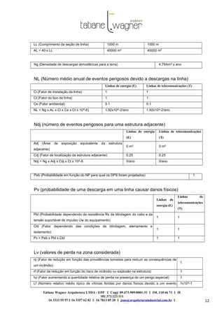 Tatiane Wagner Arquitetura LTDA - EPP C‖ npj: 09.473.909/0001-31 ‖ IM. 118 66 71 ‖ IE
181.373.123.111
16 3333 55 97 ‖ 16 3357 62 82 ‖ 16 7813 05 20 ‖ joao@arquiteturaindustrial.com.br ‖
tatiane@arquiteturaindustrial.com.br
12
LL (Comprimento da seção de linha) 1000 m 1000 m
AL = 40 x LL 40000 m² 40000 m²
Ng (Densidade de descargas atmosféricas para a terra) 4.79/km² x ano
NL (Número médio anual de eventos perigosos devido a descargas na linha)
Linhas de energia (E) Linhas de telecomunicações (T)
Ci (Fator de instalação da linha) 1 1
Ct (Fator do tipo de linha) 1 1
Ce (Fator ambiental) 0.1 0.1
NL = Ng x AL x Ci x Ce x Ct x 10^-6) 1.92x10^-2/ano 1.92x10^-2/ano
Ndj (número de eventos perigosos para uma estrutura adjacente)
Linhas de energia
(E)
Linhas de telecomunicações
(T)
Adj (Área de exposição equivalente da estrutura
adjacente)
0 m² 0 m²
Cdj (Fator de localização da estrutura adjacente) 0.25 0.25
Ndj = Ng x Adj x Cdj x Ct x 10^-6 0/ano 0/ano
Peb (Probabilidade em função do NP para qual os DPS foram projetados) 1
Pv (probabilidade de uma descarga em uma linha causar danos físicos)
Linhas de
energia (E)
Linhas de
telecomunicações
(T)
Pld (Probabilidade dependendo da resistência Rs da blindagem do cabo e da
tensão suportável de impulso Uw do equipamento)
1 1
Cld (Fator dependendo das condições de blindagem, aterramento e
isolamento)
1 1
Pv = Peb x Pld x Cld 1 1
Lv (valores de perda na zona considerada)
rp (Fator de redução em função das providências tomadas para reduzir as consequências de
um incêndio)
1
rf (Fator de redução em função do risco de incêndio ou explosão na estrutura) 1
hz (Fator aumentando a quantidade relativa de perda na presença de um perigo especial) 1
Lf (Número relativo médio típico de vítimas feridas por danos físicos devido a um evento 1x10^-1
 