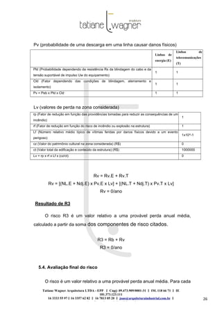 Tatiane Wagner Arquitetura LTDA - EPP C‖ npj: 09.473.909/0001-31 ‖ IM. 118 66 71 ‖ IE
181.373.123.111
16 3333 55 97 ‖ 16 3357 62 82 ‖ 16 7813 05 20 ‖ joao@arquiteturaindustrial.com.br ‖
tatiane@arquiteturaindustrial.com.br
26
Pv (probabilidade de uma descarga em uma linha causar danos físicos)
Linhas de
energia (E)
Linhas de
telecomunicações
(T)
Pld (Probabilidade dependendo da resistência Rs da blindagem do cabo e da
tensão suportável de impulso Uw do equipamento)
1 1
Cld (Fator dependendo das condições de blindagem, aterramento e
isolamento)
1 1
Pv = Peb x Pld x Cld 1 1
Lv (valores de perda na zona considerada)
rp (Fator de redução em função das providências tomadas para reduzir as consequências de um
incêndio)
1
rf (Fator de redução em função do risco de incêndio ou explosão na estrutura) 1
Lf (Número relativo médio típico de vítimas feridas por danos físicos devido a um evento
perigoso)
1x10^-1
cz (Valor do patrimônio cultural na zona considerada) (R$) 0
ct (Valor total da edificação e conteúdo da estrutura) (R$) 1000000
Lv = rp x rf x Lf x (cz/ct) 0
Rv = Rv.E + Rv.T
Rv = [(NL.E + Ndj.E) x Pv.E x Lv] + [(NL.T + Ndj.T) x Pv.T x Lv]
Rv = 0/ano
Resultado de R3
O risco R3 é um valor relativo a uma provável perda anual média,
calculado a partir da soma dos componentes de risco citados.
R3 = Rb + Rv
R3 = 0/ano
5.4. Avaliação final do risco
O risco é um valor relativo a uma provável perda anual média. Para cada
 