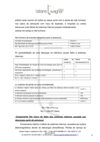 Tatiane Wagner Arquitetura LTDA - EPP C‖ npj: 09.473.909/0001-31 ‖ IM. 118 66 71 ‖ IE
181.373.123.111
16 3333 55 97 ‖ 16 3357 62 82 ‖ 16 7813 05 20 ‖ joao@arquiteturaindustrial.com.br ‖
tatiane@arquiteturaindustrial.com.br
8
público pode ocorrer em todos os casos, junto com a perda de vida humana,
nos casos de estruturas com risco de explosão, e hospitais ou outras
estruturas onde falhas de sistemas internos possam imediatamente
colocar em perigo a vida humana.
Nd (número de eventos perigosos para a estrutura)
Cd (Fator de localização) 2.5x10^-1
Ng (Densidade de descargas atmosféricas para a terra) 4.79/km² x ano
Nd = Ng x Ad x Cd x 10^-6 1.09x10^-2/ano
Pc (probabilidade de uma descarga na estrutura causar falha a sistemas
internos)
Linhas de
energia (E)
Linhas de
telecomunicações (T)
Pspd (Probabilidade em função do nível de proteção para qual os
DPS foram projetados)
1 1
Cld (Fator dependendo das condições de blindagem, aterramento e
isolamento)
1 1
Pc.E = Pspd.E x Cld.E, Pc.T = Pspd.T x Cld.T 1 1
Pc = 1 – [(1 – Pc.E) x (1 – Pc.T)] 1
Lc (valores de perda na zona considerada)
Lo (Número relativo médio típico de vítimas por falha de sistemas internos devido a um
evento perigoso)
1x10^-1
nz (Número de pessoas na zona considerada) 160
nt (Número total de pessoas na estrutura) 160
tz (Tempo, durante o qual as pessoas estão presentes na zona considerada) 8760 h/ano
Lc = Lo x (nz/nt) x (tz/8760) 1x10^-1
Rc = Nd x Pc x Lc
Rc = 1.09x10^-3/ano
Componente Rm (risco de falha dos sistemas internos causado por
descargas perto da estrutura)
Componente relativo a falhas de sistemas internos, causados por pulsos
eletromagnéticos devido às descargas atmosféricas. Perdas de serviço ao
 
