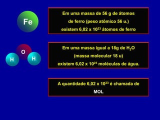 Em uma massa de 56 g de átomos

    Fe          de ferro (peso atômico 56 u.)
             existem 6,02 x 1023 átomos de ferro



              Em uma massa igual a 18g de H2O
    O
                   (massa molecular 18 u)
H       H
            existem 6,02 x 1023 moléculas de água.



            A quantidade 6,02 x 1023 é chamada de
                            MOL
 